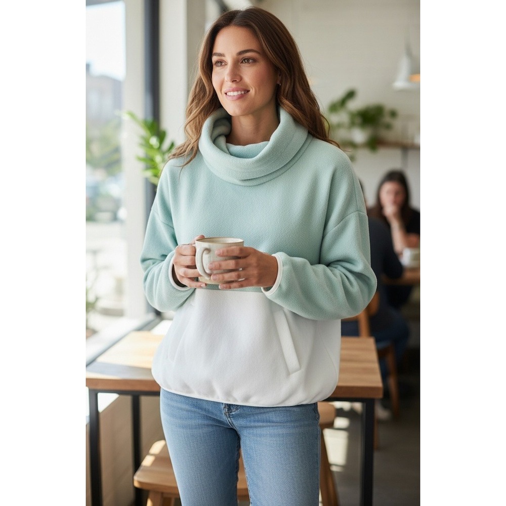 Carve Designs Cowl Neck Colorblock Fleece Green White Size Small Apres Ski Cozy